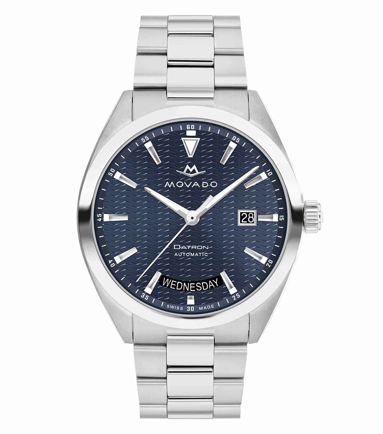 Movado bold orange watch at a 40-degree angle showcases modern design with vibrant color and sleek stainless steel case.