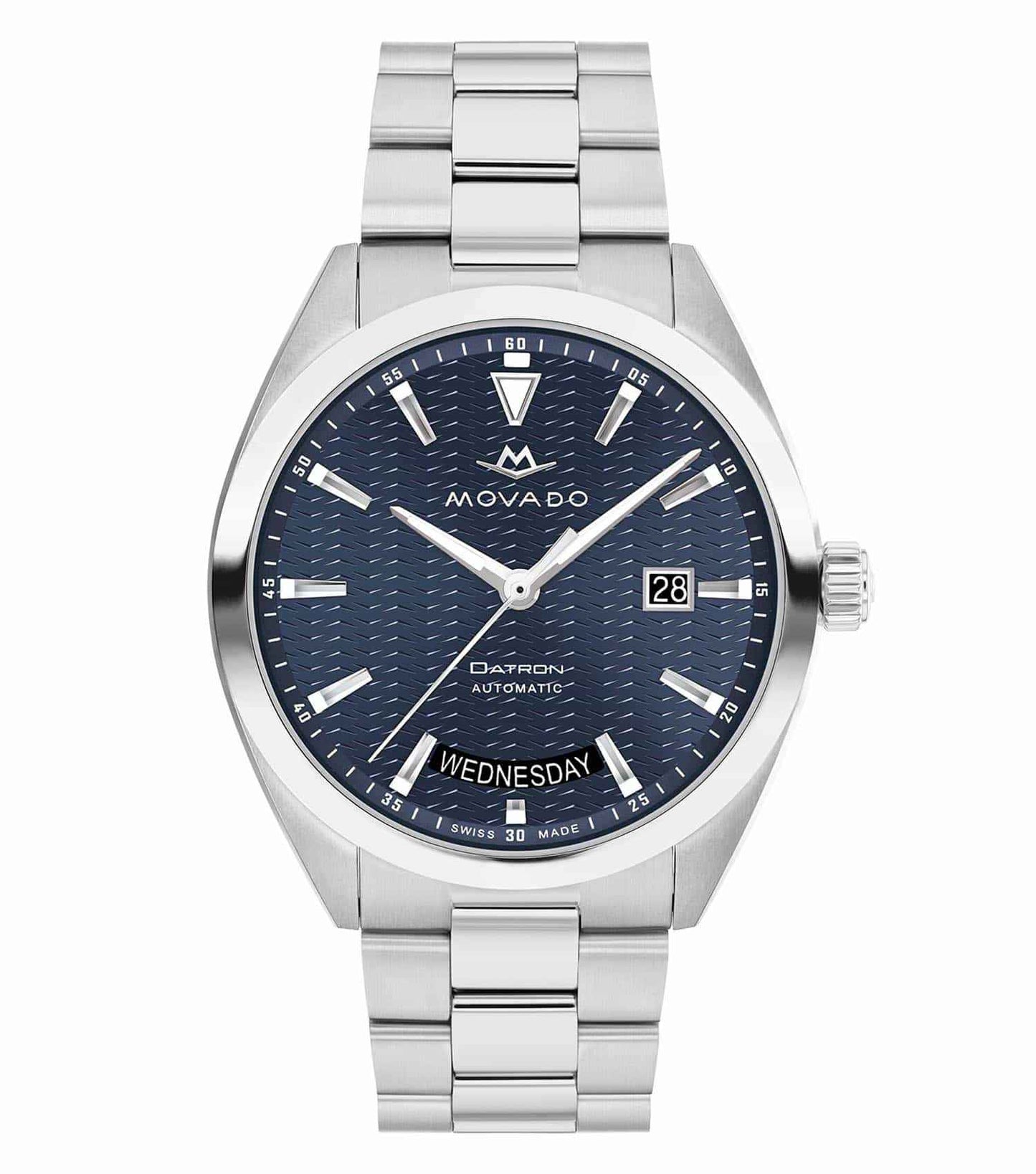 Movado bold orange watch at a 40-degree angle showcases modern design with vibrant color and sleek stainless steel case.