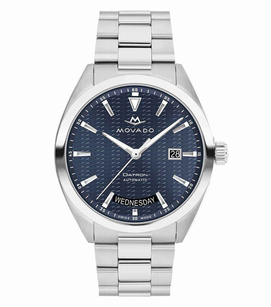 Movado bold orange watch at a 40-degree angle showcases modern design with vibrant color and sleek stainless steel case.