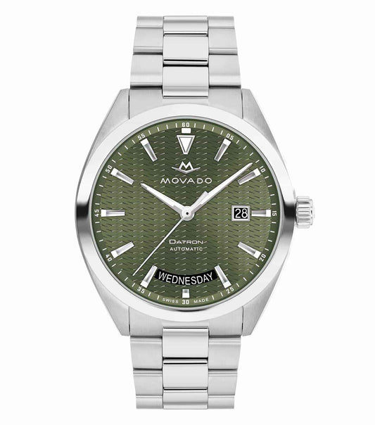 Bold Movado watch in black, showcasing a sleek, side angle; its modern design and vibrant hue embody luxury and precision.