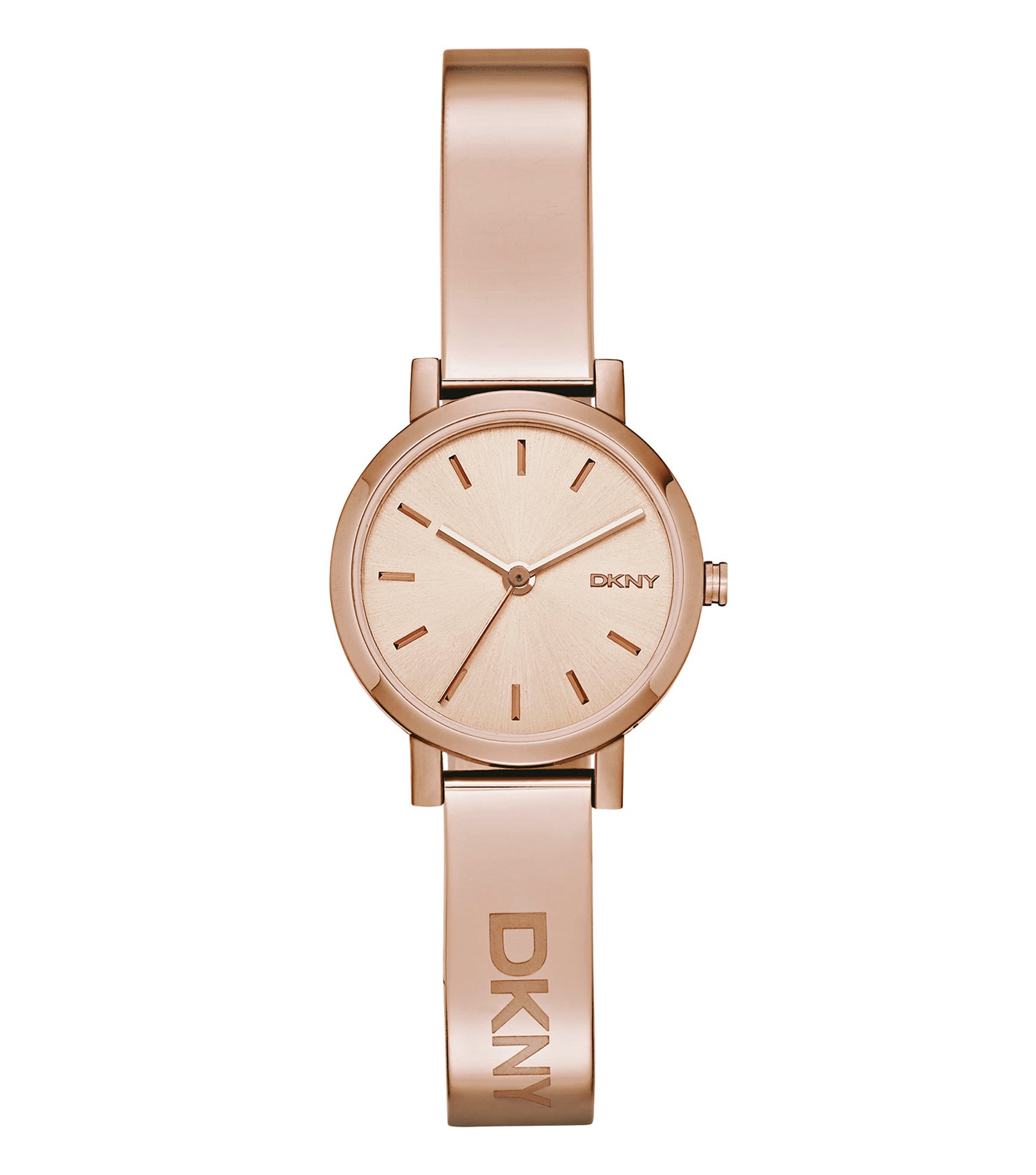 DKNY quartz-colored watch displayed at an angled top-down view, showcasing the elegant round dial and stylish metal bracelet.