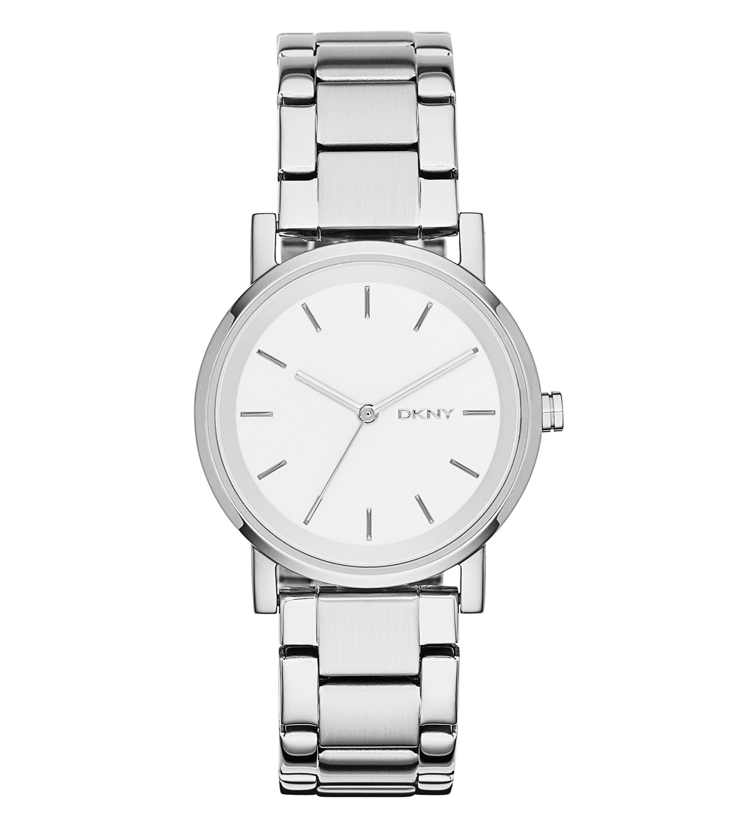 DKNY watch in a neutral tone, showcasing a minimalist round dial and sleek metal bracelet, front-facing view highlighting elegance.