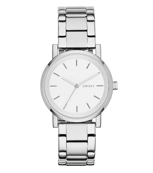 DKNY watch in a neutral tone, showcasing a minimalist round dial and sleek metal bracelet, front-facing view highlighting elegance.