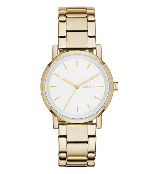 DKNY watch in silver-tone, featuring a minimalist dial viewed from a slight angle, showcasing its elegant bracelet design.