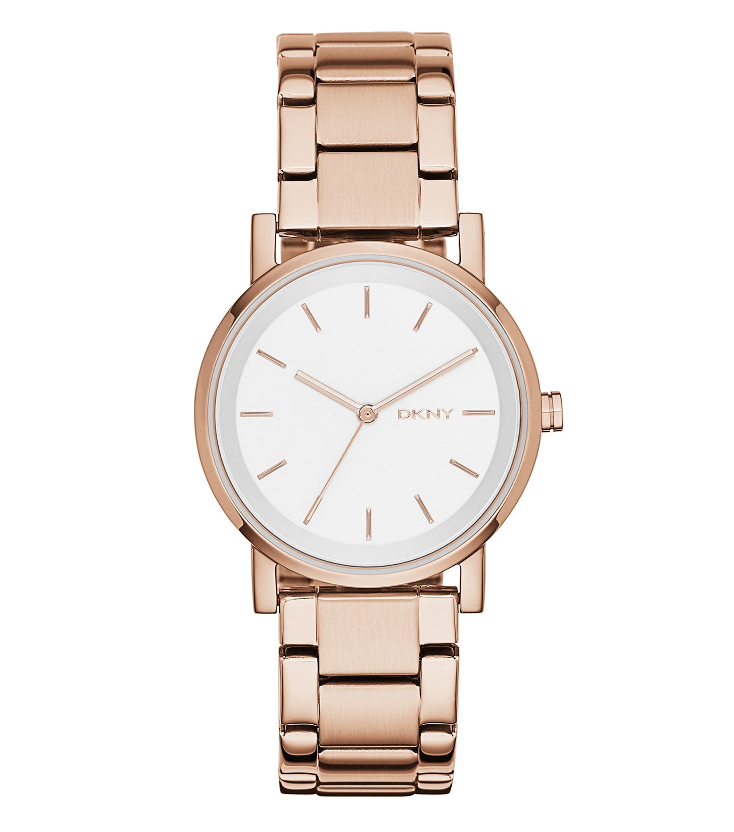 DKNY watch in Soho color showcasing a stylish round dial with gold accents, elegantly angled to highlight its sleek design.