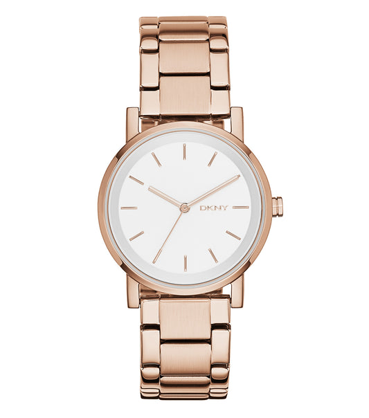 DKNY watch in Soho color showcasing a stylish round dial with gold accents, elegantly angled to highlight its sleek design.