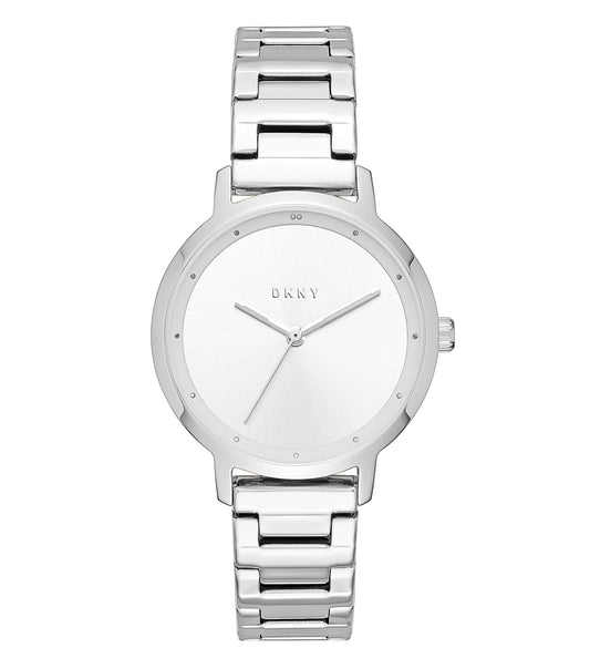DKNY women's watch in elegant quartz color at a front angle, showcasing a sleek round dial and minimalist design.