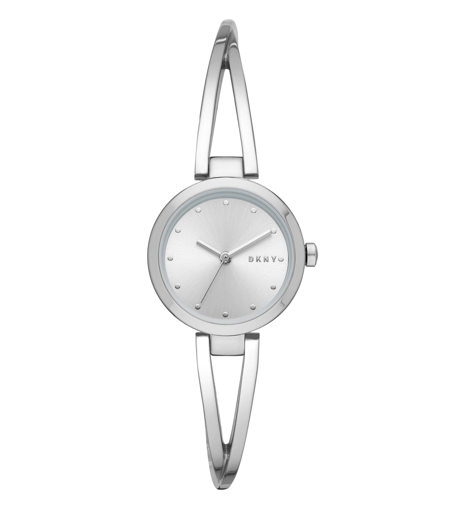 DKNY quartz watch in soft beige, angled frontal view, showcases sleek design with minimalist dial and stainless steel mesh band.