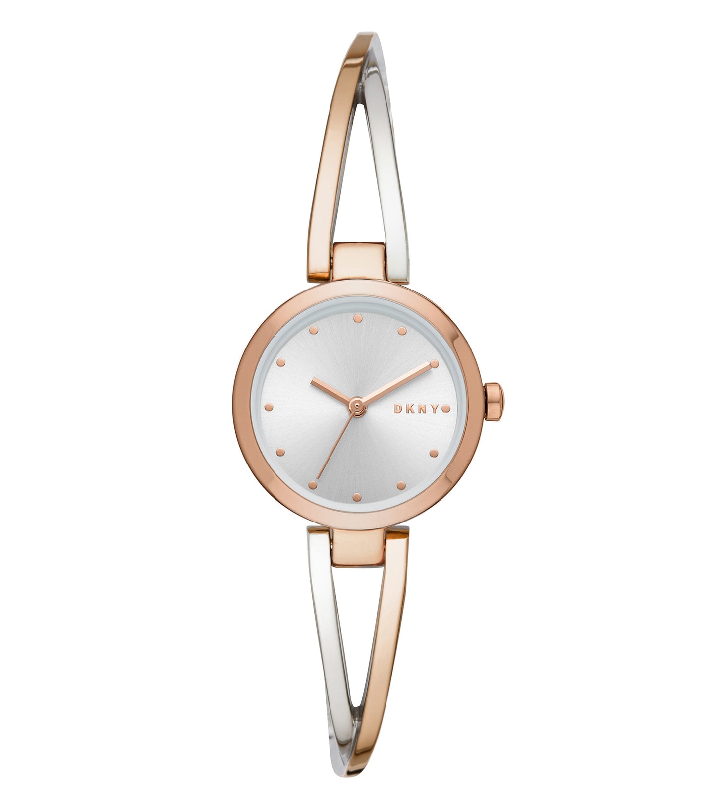 DKNY watch in silver, minimalist design; displayed at an angled view with a sleek metal strap, showcases contemporary elegance.