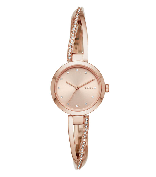 DKNY wristwatch in single tone, face forward angle, sleek strap design, showcasing minimalist elegance on white background.