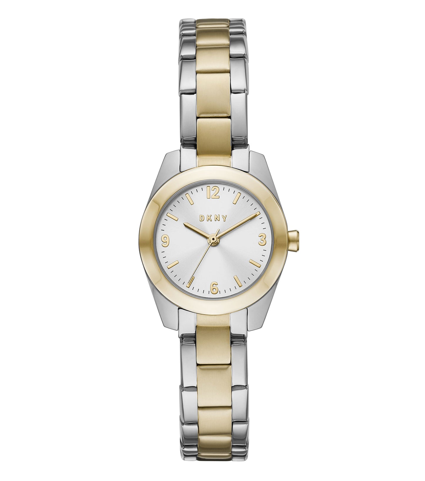 Sleek DKNY Quartz watch in silver, showcasing an elegant round face, pictured from a front angle with a subtle band detail.