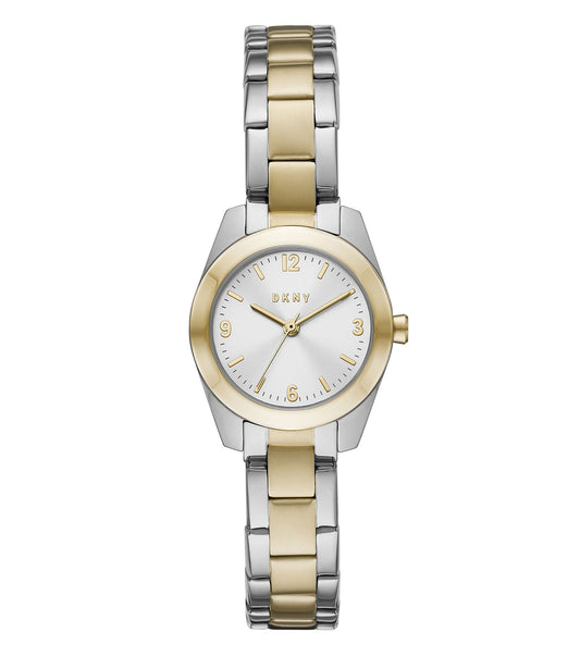 Sleek DKNY Quartz watch in silver, showcasing an elegant round face, pictured from a front angle with a subtle band detail.