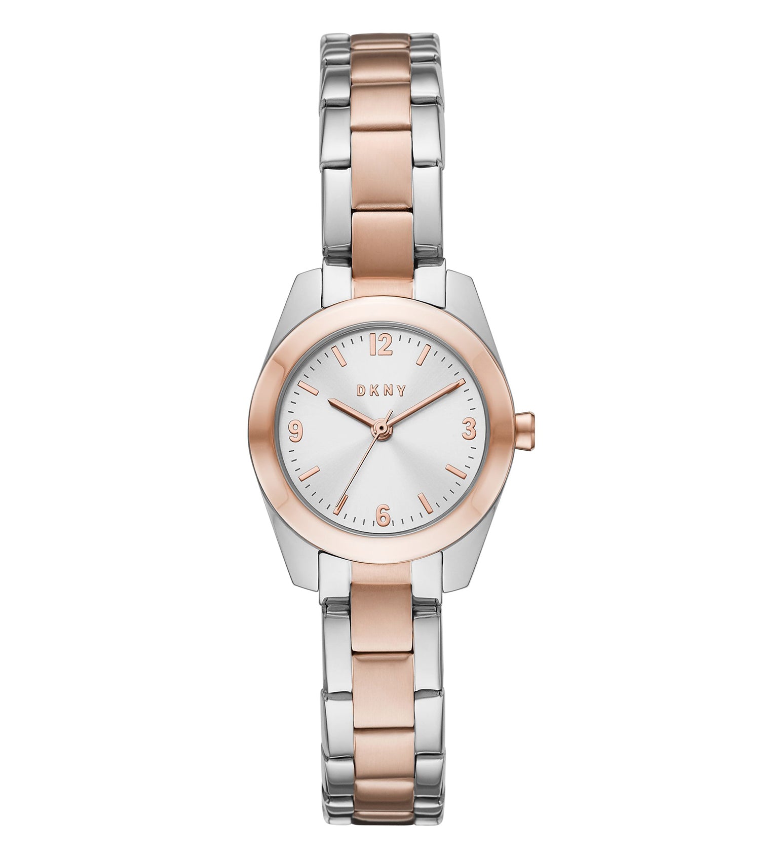 DKNY wristwatch, quartz color, angled front view showing elegant round dial, sleek silver casing, and classic leather strap.