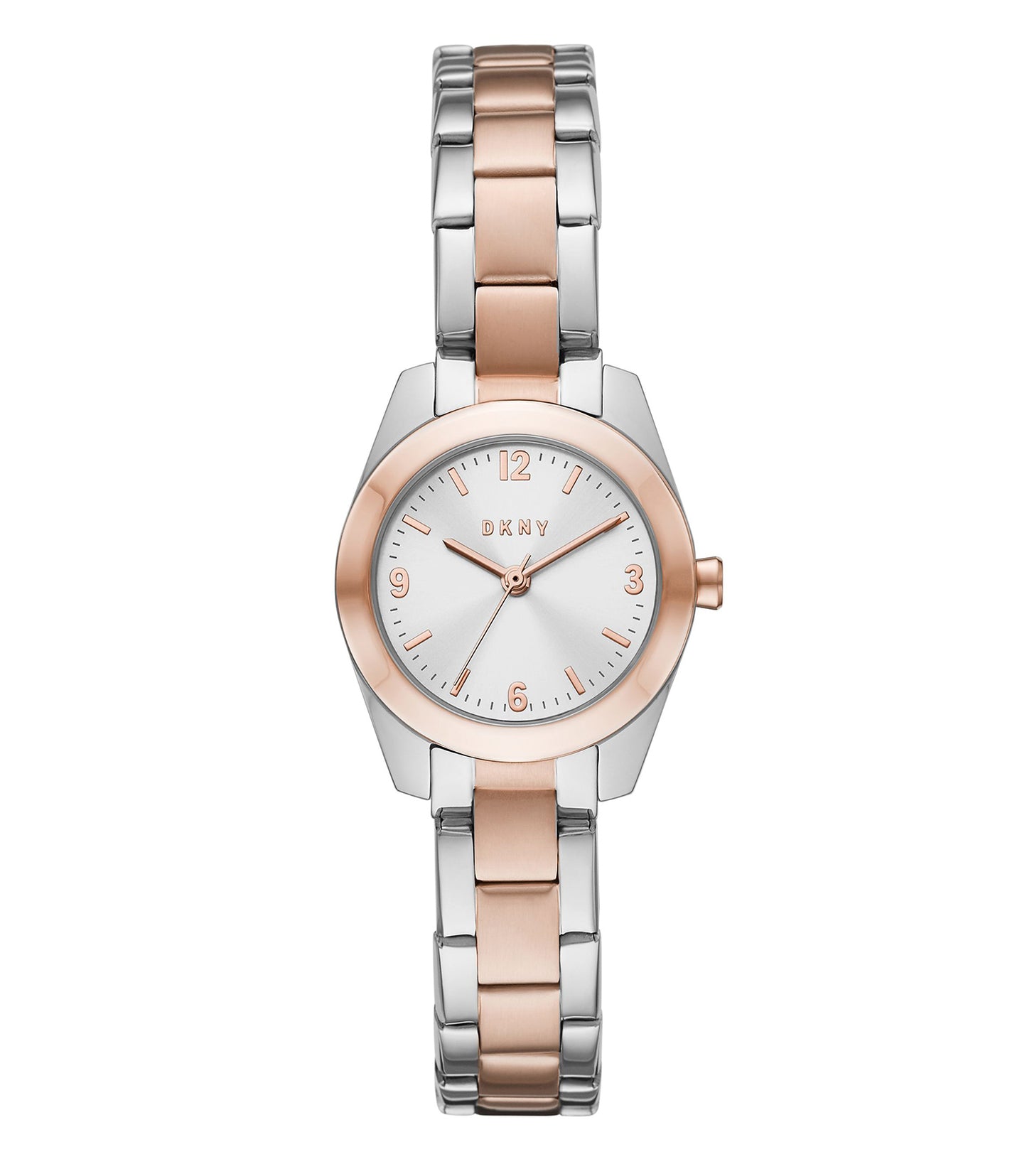 DKNY wristwatch, quartz color, angled front view showing elegant round dial, sleek silver casing, and classic leather strap.
