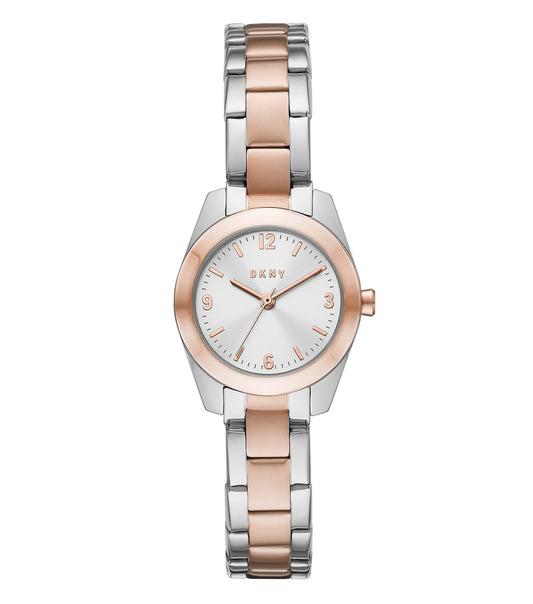 DKNY wristwatch, quartz color, angled front view showing elegant round dial, sleek silver casing, and classic leather strap.