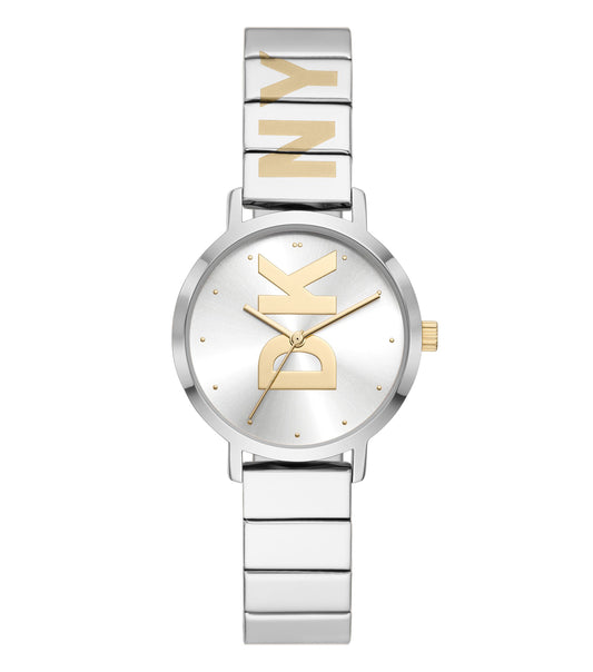 DKNY watch in a subtle, sophisticated tone; frontal angle showcasing the minimalist dial and sleek, modern design.