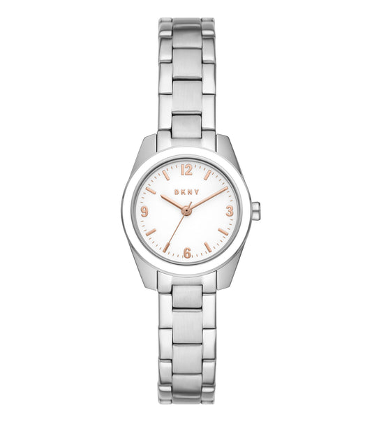 DKNY women's watch in elegant silver, frontal view, featuring round dial and slim band, minimalist chic design, timeless style.