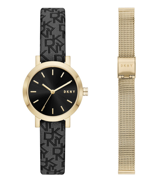 DKNY quartz watch in beige, showcasing an elegant round face with silver accents, displayed at a 45-degree angle for a refined view.