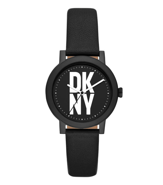 DKNY watch showcasing a sleek design in a single-color face; side angle highlights minimalist hour markers and elegant strap.