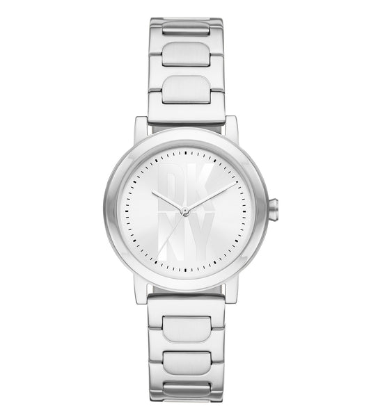DKNY watch, sleek and sophisticated in a monochrome finish with a minimalist design; side angle showcases the unique bezel style.