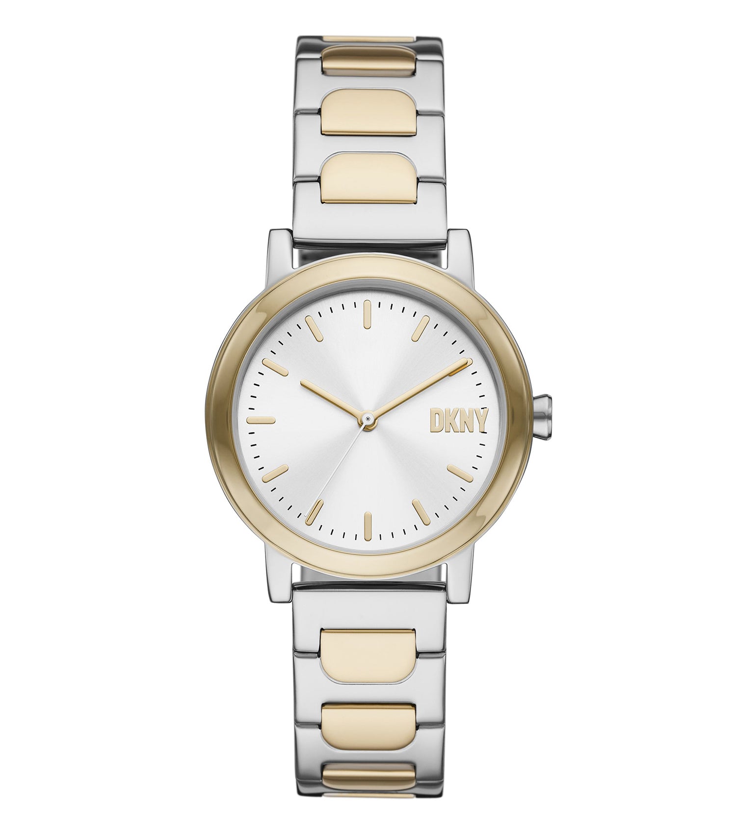 DKNY wristwatch in a neutral tone, displayed in a front view angle showcasing its elegant round face and minimalist design.