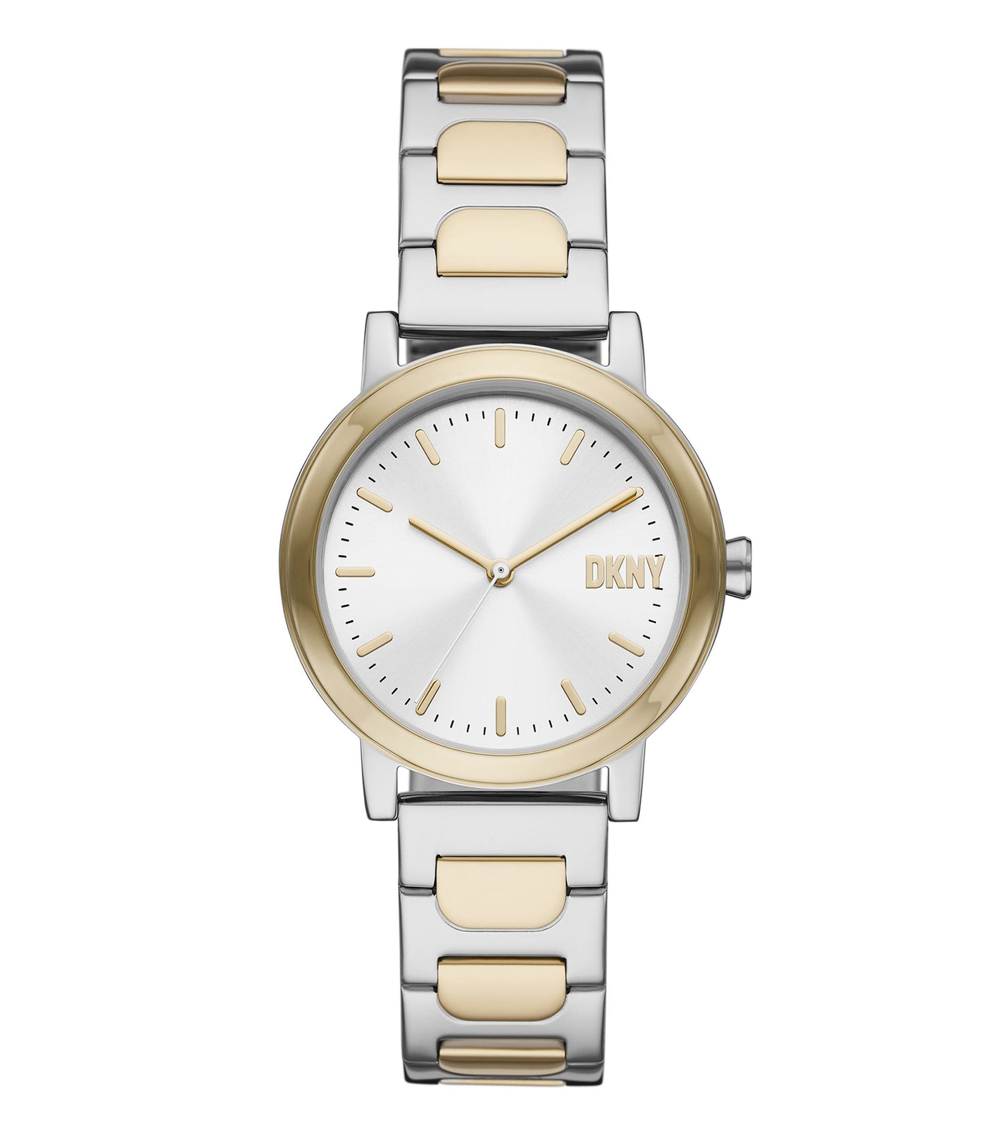 DKNY wristwatch in a neutral tone, displayed in a front view angle showcasing its elegant round face and minimalist design.