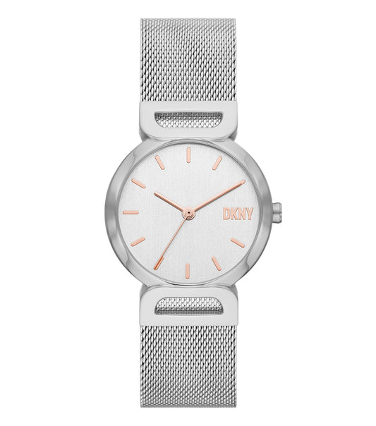 DKNY quartz watch, side angle view, featuring sleek silver-tone stainless steel bracelet and minimalist round white dial face.