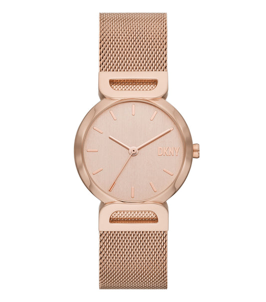 DKNY quartz-colored watch with silver strap and minimalist design, front angle showcasing the sleek round face.