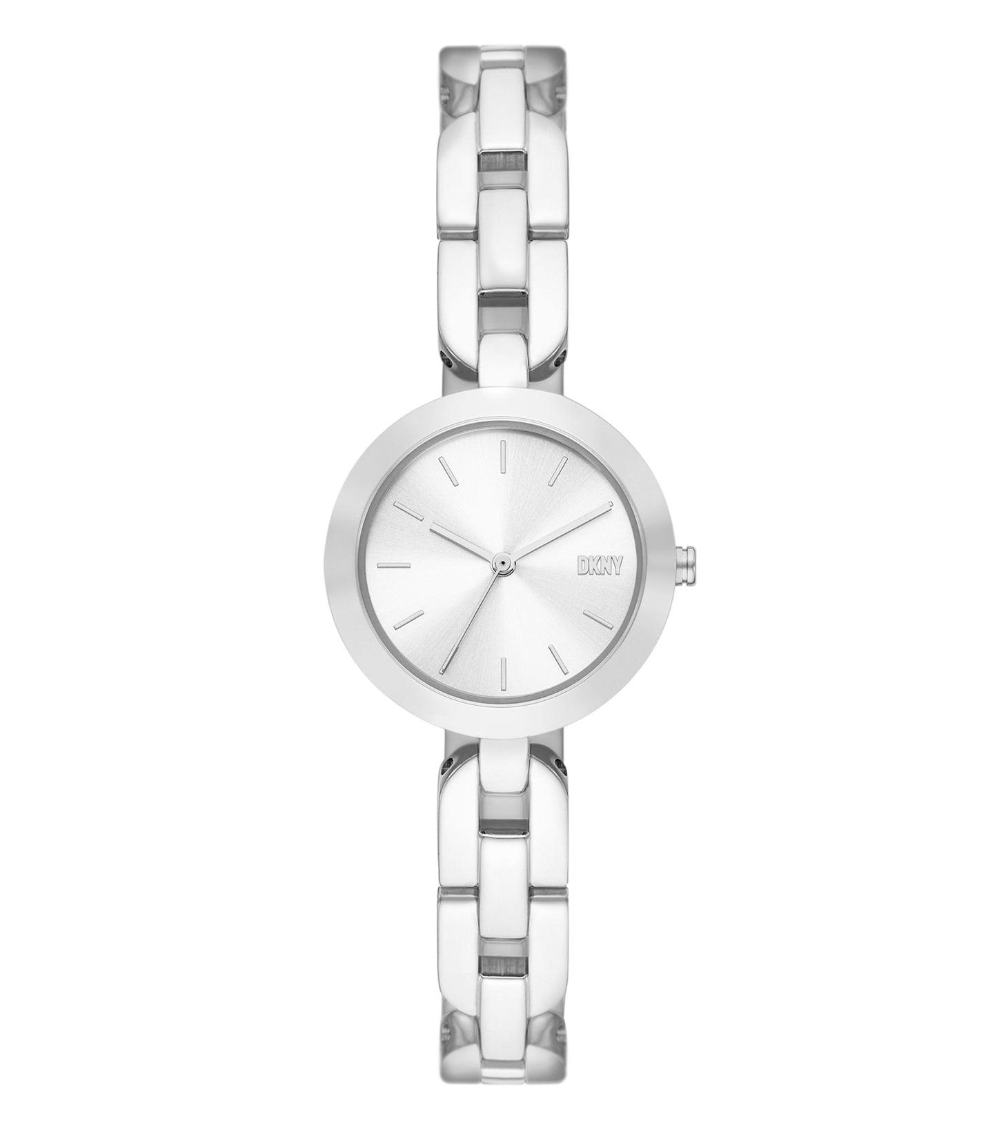 DKNY women's silver-tone watch featuring a minimalist round dial with a comfortable stainless steel strap, side angle view.