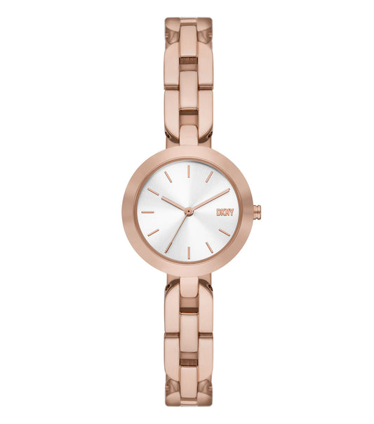 DKNY Quartz Watch showcasing a sleek, minimalist design with a polished silver hue, beautifully angled at 45 degrees, exuding elegance.