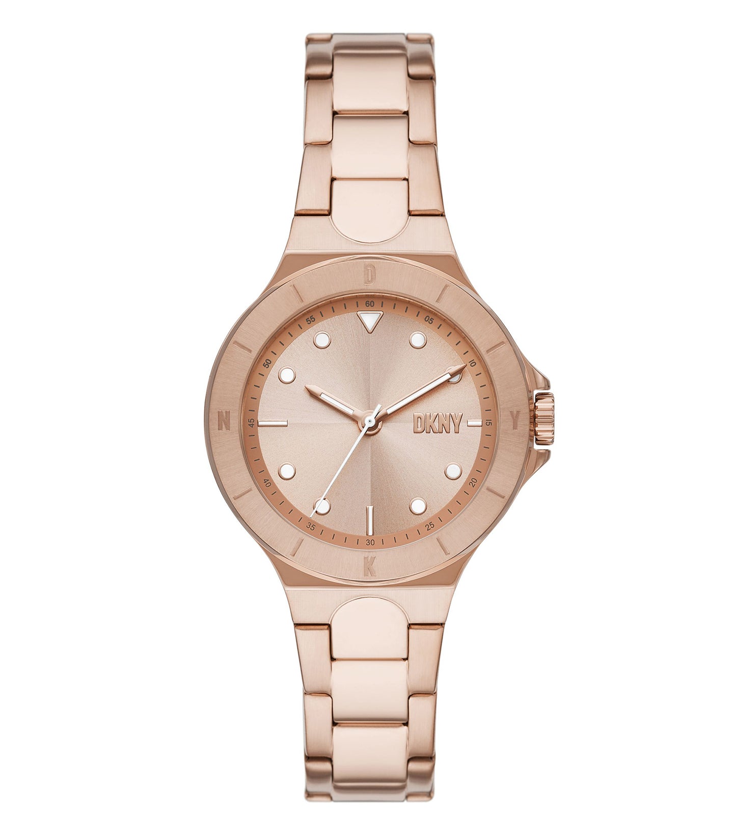 Rose gold DKNY watch with a sleek round dial, side angle view, showcasing its elegant straps and minimalist design.