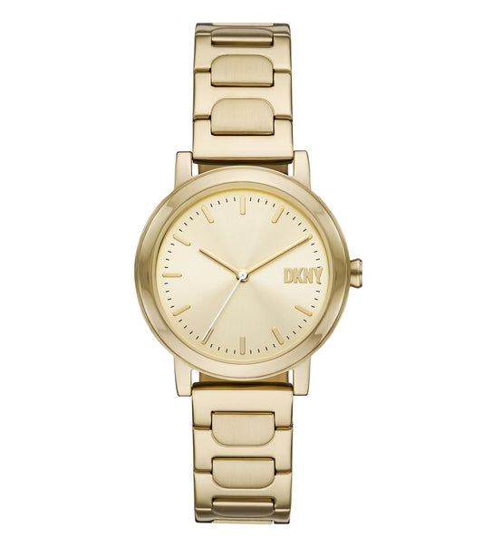 DKNY gold watch showcasing elegance, angled display of round dial and strap; a must-have accessory for fashion enthusiasts.