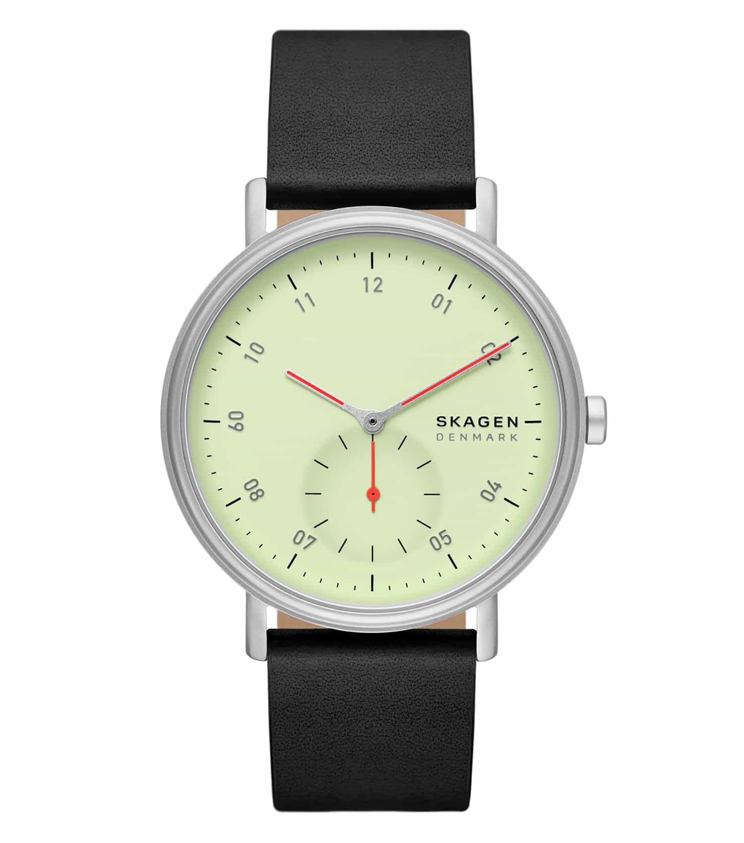 Skagen watch with a vibrant blue dial, silver mesh strap, and slim hands, showcased at a 45-degree angle, exuding elegance.
