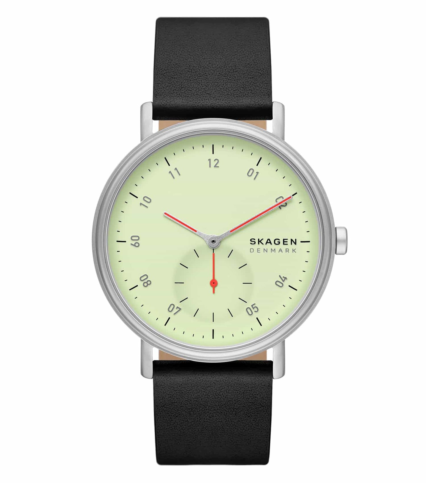 Skagen watch with a vibrant blue dial, silver mesh strap, and slim hands, showcased at a 45-degree angle, exuding elegance.