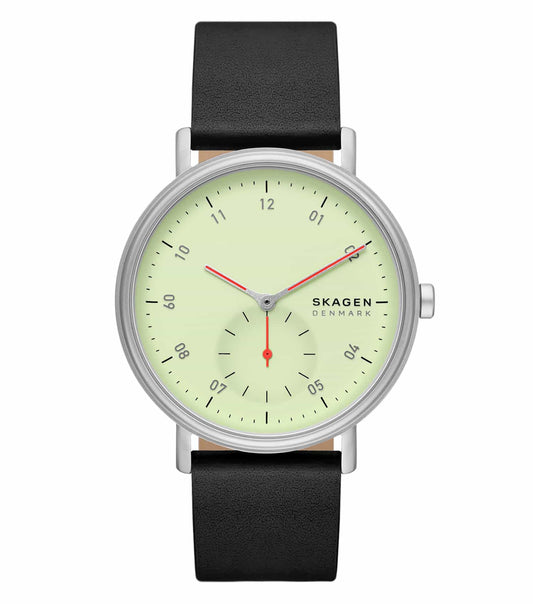 Skagen watch with a vibrant blue dial, silver mesh strap, and slim hands, showcased at a 45-degree angle, exuding elegance.