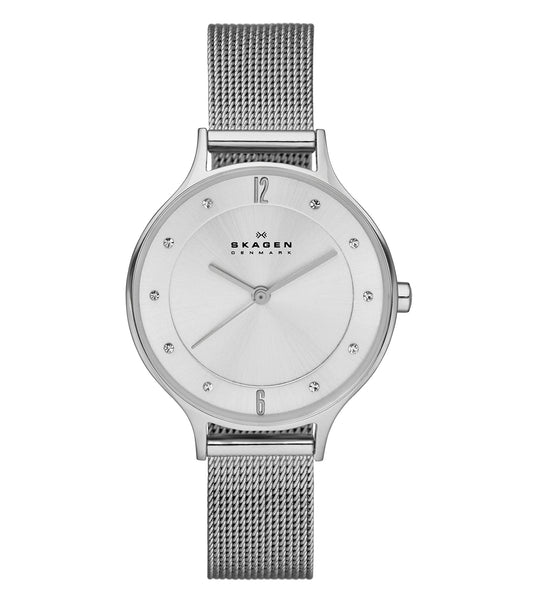 Elegant Skagen watch with a sleek silver-tone case and mesh bracelet, flat-lay angle, showcasing minimalist Danish design.