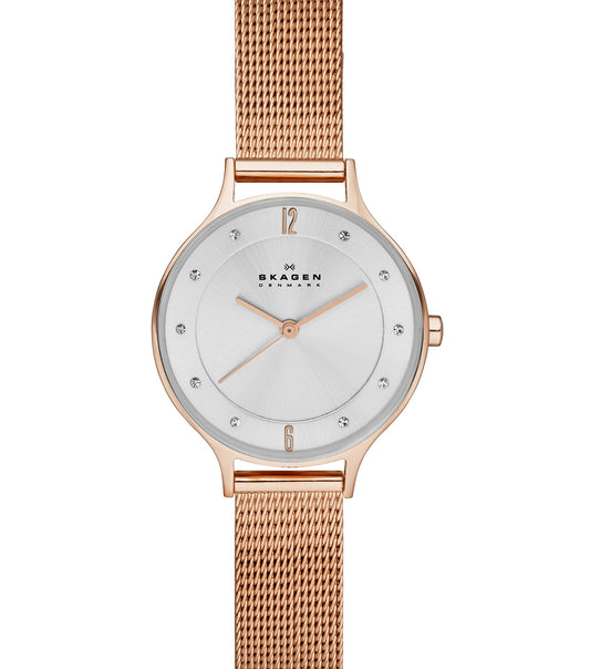 Skagen watch in quartz color, elegantly displayed at a side angle, showcasing its minimalist design and fine craftsmanship.