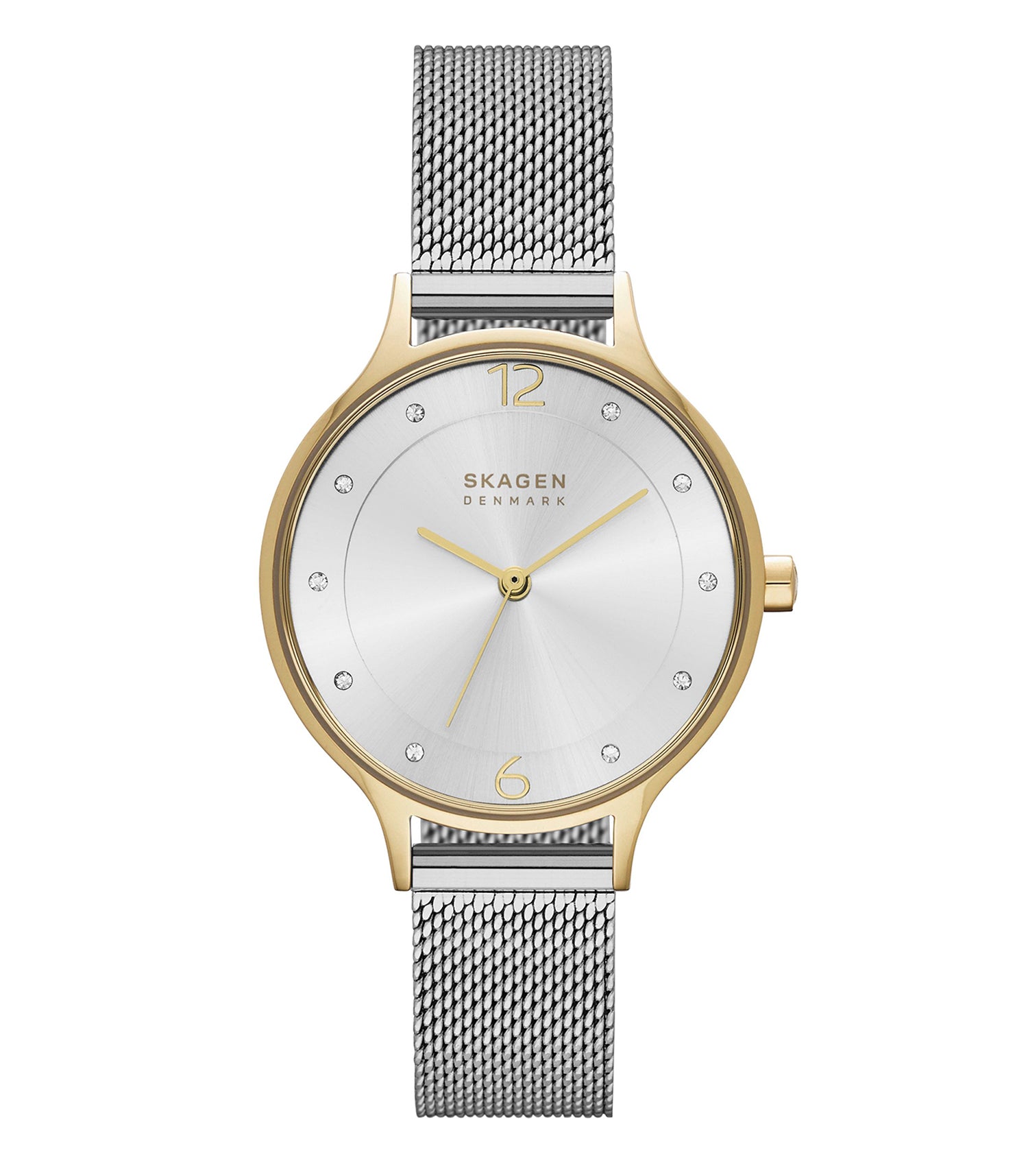 Skagen quartz watch in a soft beige color, shown in a front-facing angle, with a minimalist dial and silver accents.