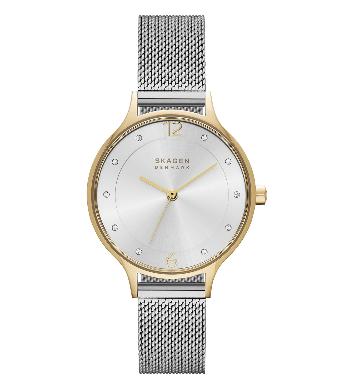 Skagen quartz watch in a soft beige color, shown in a front-facing angle, with a minimalist dial and silver accents.