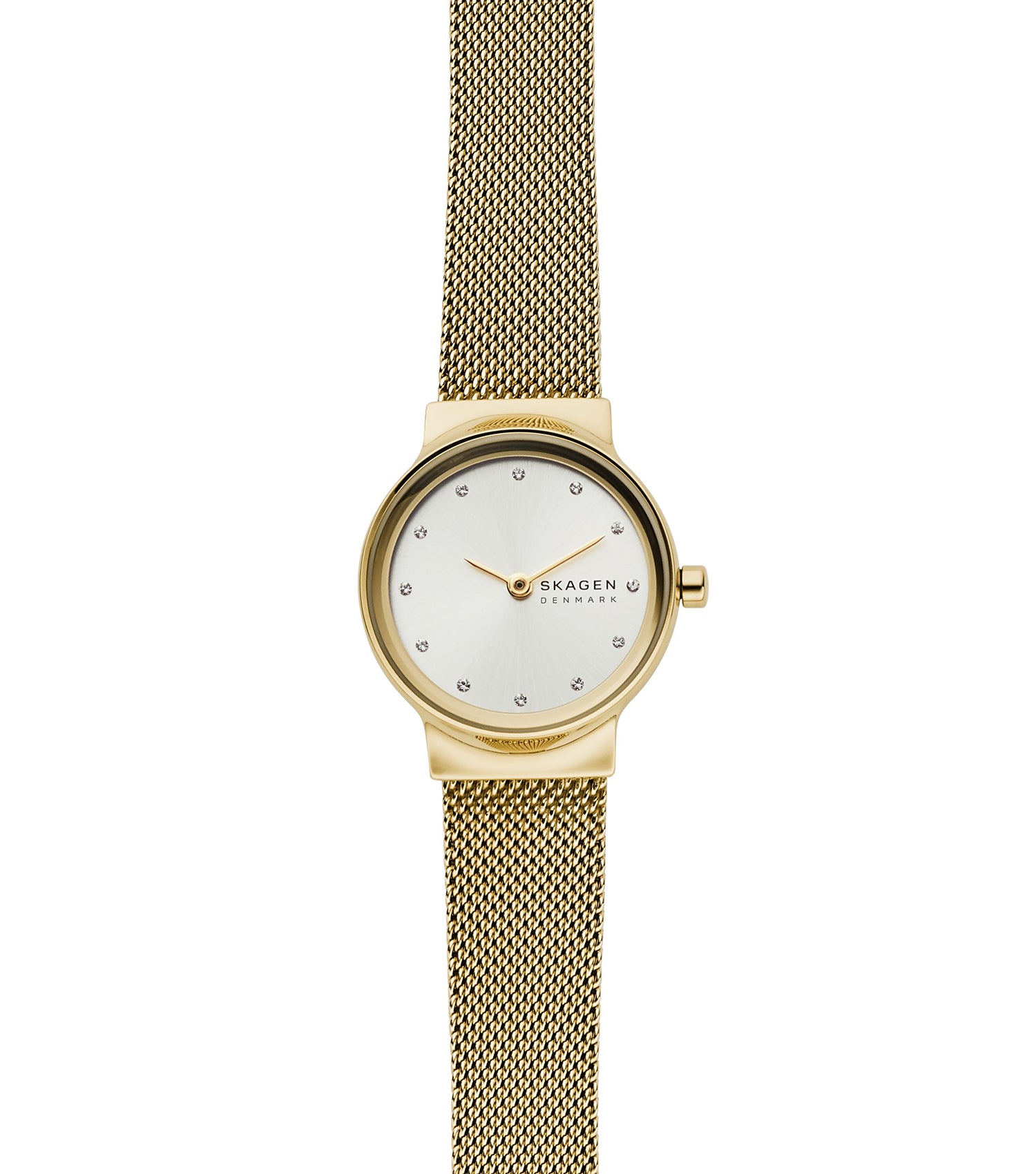 Skagen quartz watch with a rose gold mesh band, round face positioned at a 45-degree angle against a light background.
