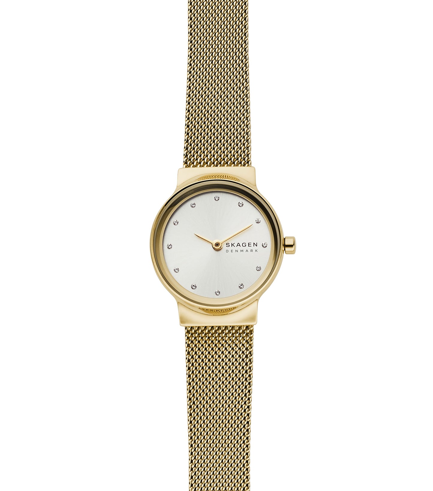 Skagen quartz watch with a rose gold mesh band, round face positioned at a 45-degree angle against a light background.