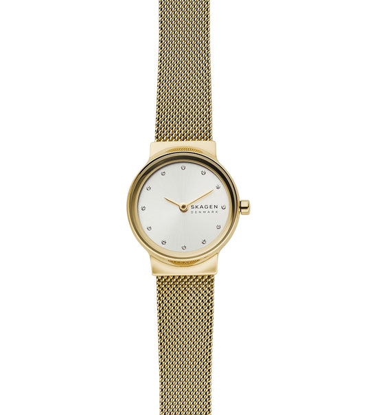 Skagen quartz watch with a rose gold mesh band, round face positioned at a 45-degree angle against a light background.