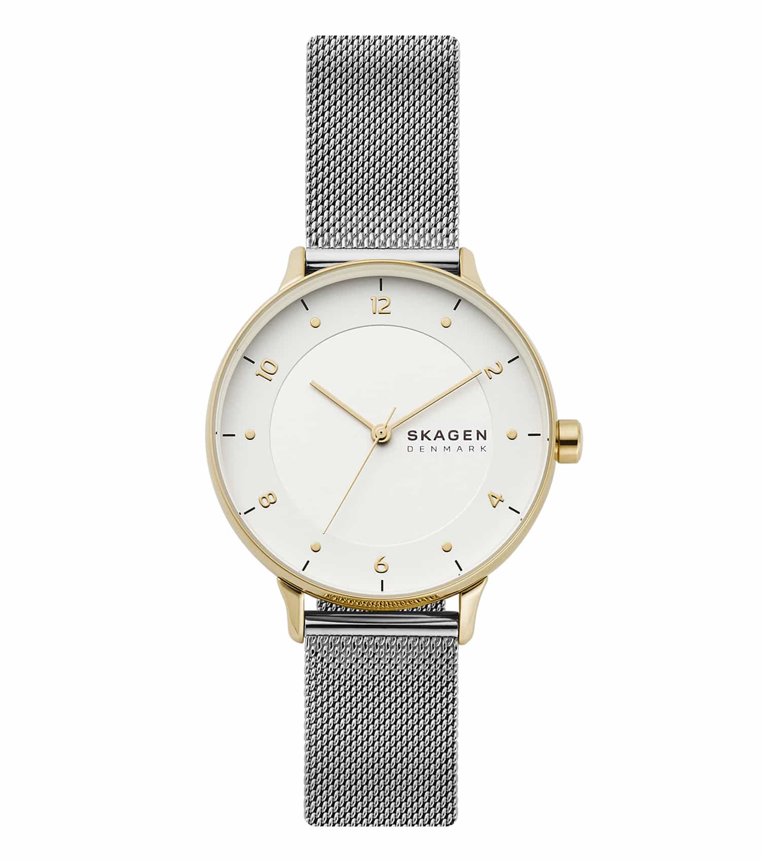 Skagen quartz watch featuring a minimalist design and soft brown leather strap, pictured at a 45-degree angle.