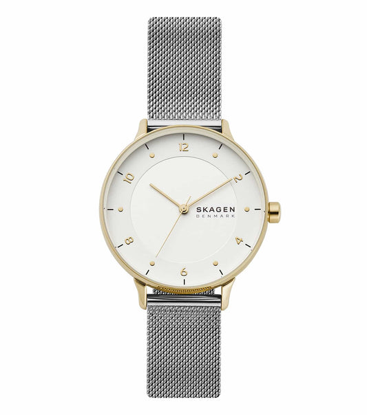 Skagen quartz watch featuring a minimalist design and soft brown leather strap, pictured at a 45-degree angle.