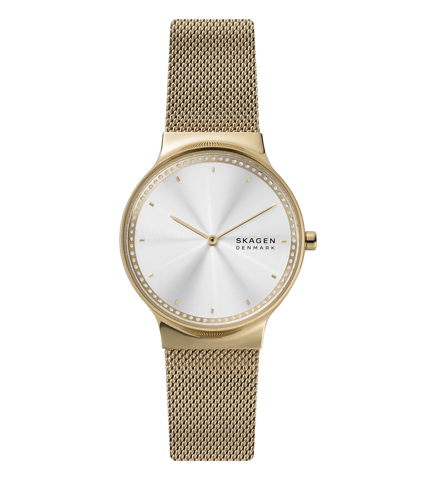 Skagen watch, quartz color, elegant round face, viewed at a slight angle showcasing its minimalist Scandinavian design.