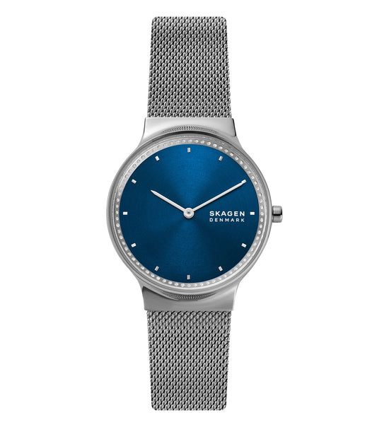 Skagen quartz watch featuring a sleek design in black, captured at a 45-degree angle, showcasing its elegant face and metallic band.