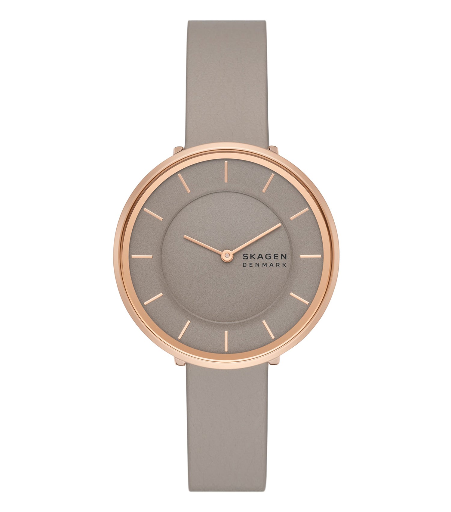 Skagen 38mm watch in a soft brown hue, front-facing angle showcasing a minimalist design with sleek leather strap.