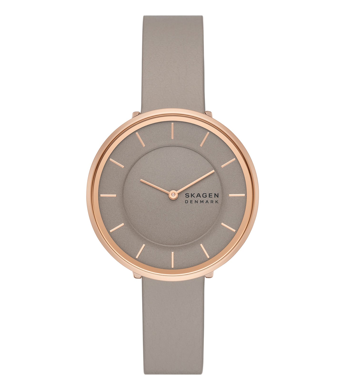 Skagen 38mm watch in a soft brown hue, front-facing angle showcasing a minimalist design with sleek leather strap.