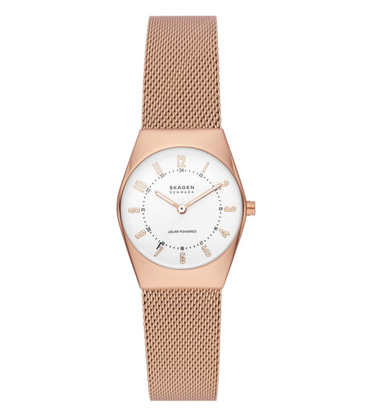 Skagen green watch with minimalist design, angled slightly to show detailed face and comfortable strap, perfect for style enthusiasts.