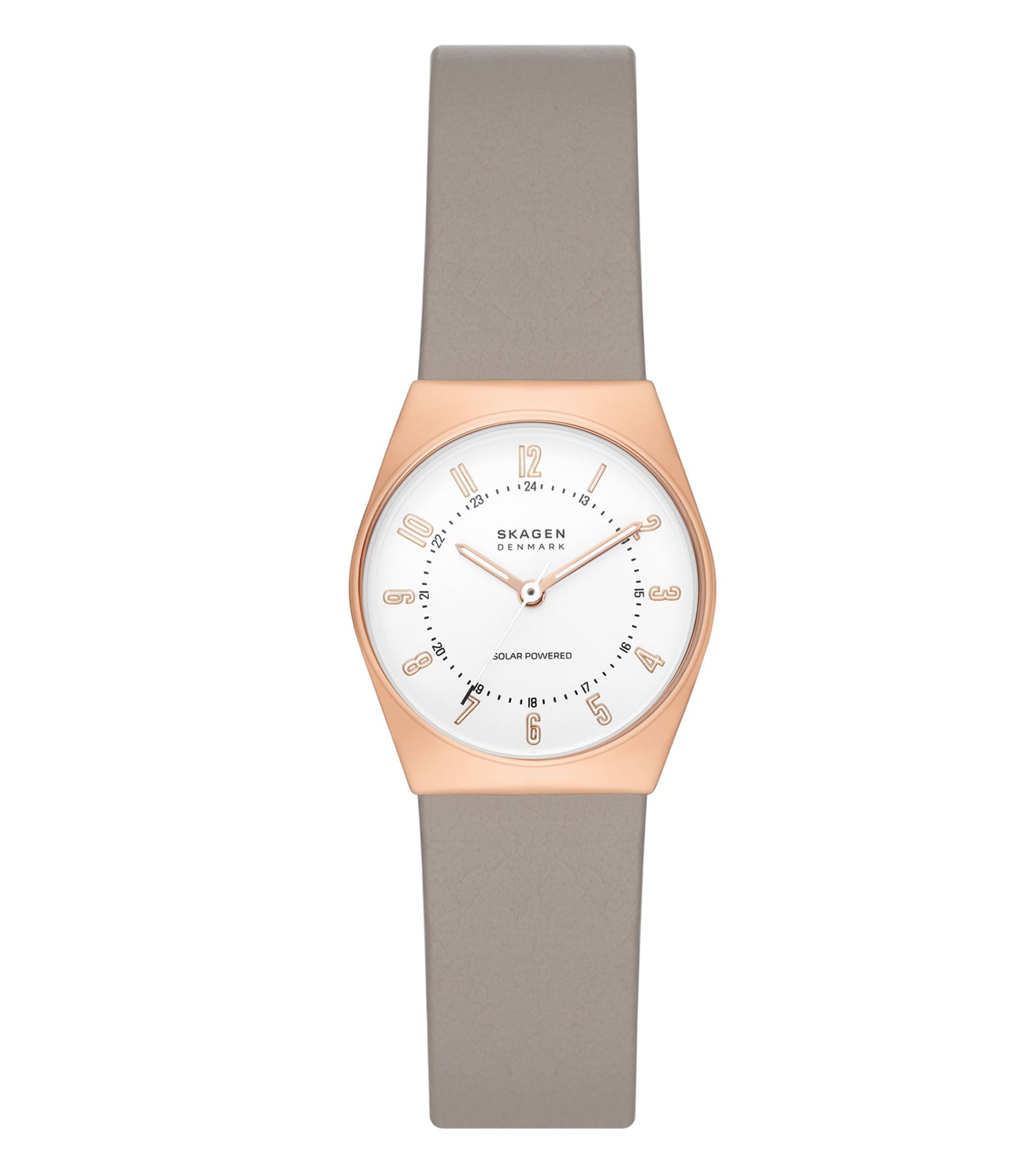 Skagen green watch with a minimalist design, featuring a round face and silver accents; front view showcasing elegance.